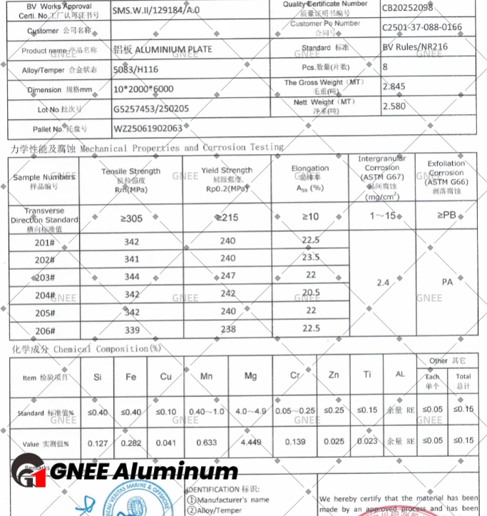 5083 h116 BV NR216 aluminum plate mtc 5083 h116 BV NR216 aluminum plate mtc